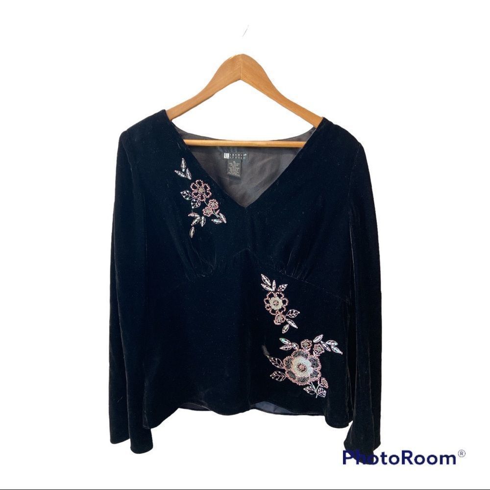 Carole Little Black Velour Floral Bead Shirt Bell Sleeve 90’s Size XL